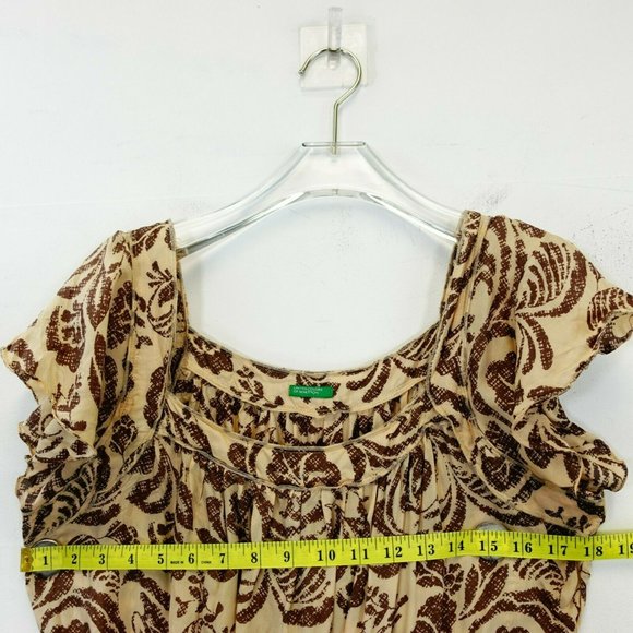UNITED COLORS OF BENETTON Women Cream Brown Tunic Top SMALL Floral Flared Sleeve - Picture 5 of 9